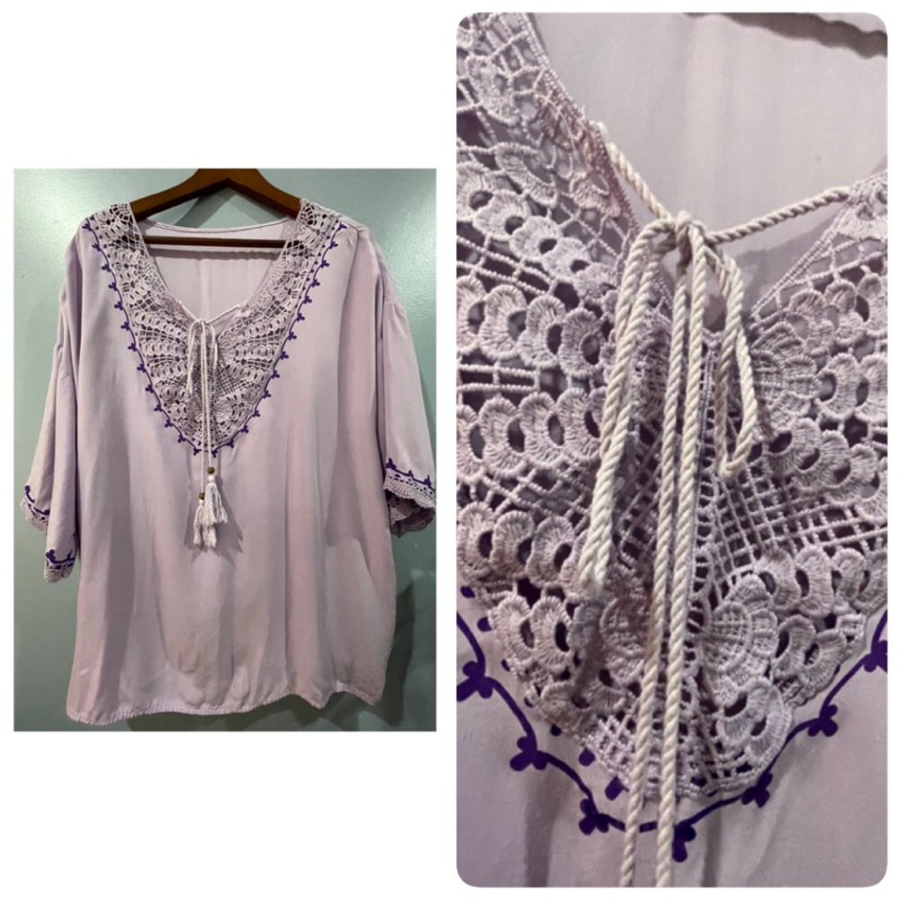 Boho Lavender Laced V-Neck Short Lace Sleeve Blouse Size XL
